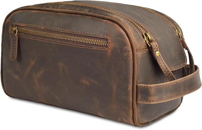 LEATHER VILLAGE Premium Leather Toiletry Travel Pouch With Waterproof Lining - Brown | King-Size Handcrafted Vintage Dopp Kit Bag, Shaving & Bathroom Organizer, Gift for Men & Women