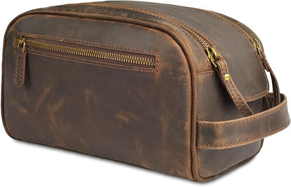 LEATHER VILLAGE Premium Leather Toiletry Travel Pouch With Waterproof Lining - Brown | King-Size Handcrafted Vintage Dopp Kit Bag, Shaving & Bathroom Organizer, Gift for Men & Women