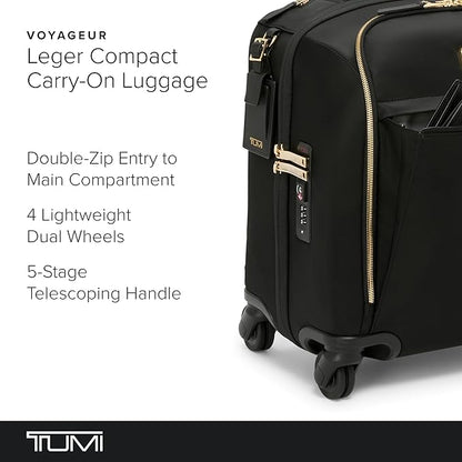 TUMI - Voyageur Leger 4 Wheeled Luggage - Women's Lightweight and Spacious, Sleek Silhouette, Durable Premium Suitcase - 16" Compact Carry-On, Black with Gold Hardware