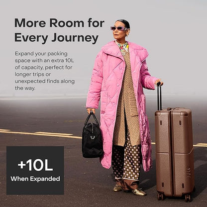 Checked Plus Expandable - 28.75" Airline Approved Check In Luggage with Wheels, Rolling Suitcase for Men & Women - TSA Lock, Silent Spinner Wheels, Expansion Zip, Y-Strap - Dark Brown