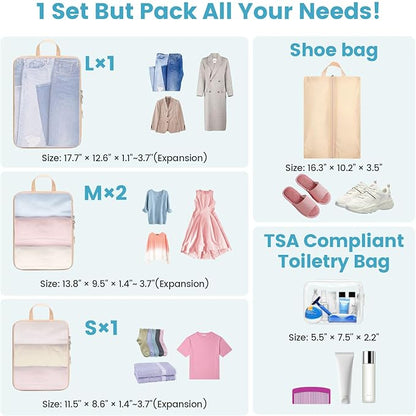 Cambond Mesh Compression Packing Cubes - 6 Set See Through Clear Packing Cubes with Shoe Toiletry Bag for Travel Suitcase, Expandable Travel Cubes for Suitcase Organizer Bags Set, Khaki