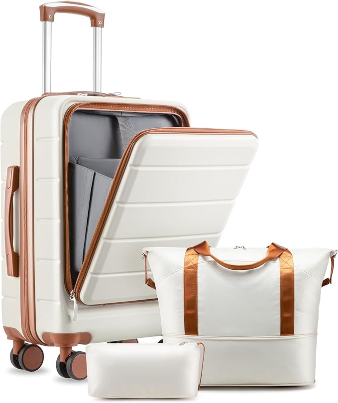 Carry On Luggage with Laptop Compartment, H1F 22x14x9 Airline Approved Front Pocket Hardside Suitcase with Spinner Wheels, TSA Lock, Includes Tote Bag（FX-Lite,Beige,3 Piece Sets）