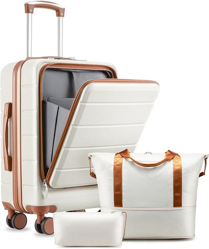 Carry On Luggage with Laptop Compartment, H1F 22x14x9 Airline Approved Front Pocket Hardside Suitcase with Spinner Wheels, TSA Lock, Includes Tote Bag（FX-Lite,Beige,3 Piece Sets）