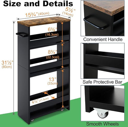 MARTY Rolling Storage Cart 4-Tier Black Kitchen Cart with Wheels, Slim Storage Cart with Handle Slide Out Utility Cart Shelving Unit Organizer Trolley for Laundry Narrow Places Bathroom Small Corner