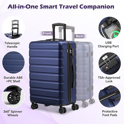 AnyZip Carry On Luggage 21" Hardside PC ABS Lightweight USB Suitcase with Wheels TSA Lock for kids DarkBlue