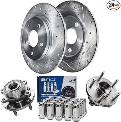Detroit Axle - 12.99" Rear Drilled Brake Rotors Wheel Hubs + 20pc Wheel Lug Nuts Replacement for Ford Taurus Flex Edge Lincoln MKS MKT - 24pc Set