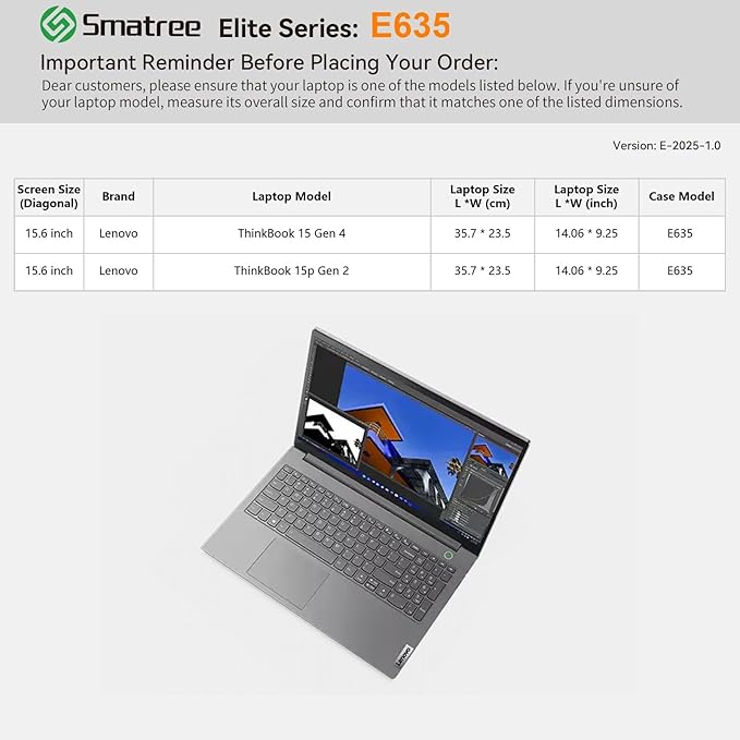 Smatree Laptop Sleeve for 15.6 inch Lenovo ThinkBook 15 Gen 4/2 Laptop, Computer Case with Accessory Pocket, YKK Zipper, Patented Super-Corner Design(E635)