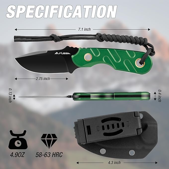 FLISSA Fixed Blade Knife, 7 Inch Full Tang Hunting Knife with Kydex Sheath and Emergency Rope for Tactical, Survival, Camping, Hiking(Green)