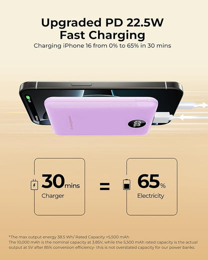 Small Portable Charger 10000mAh, Mini Power Bank with LED Display, 22.5W PD Fast Charging USB-C Battery Pack, Compact Lightweight Travel Charger Compatible with iPhone Samsung Android, Purple