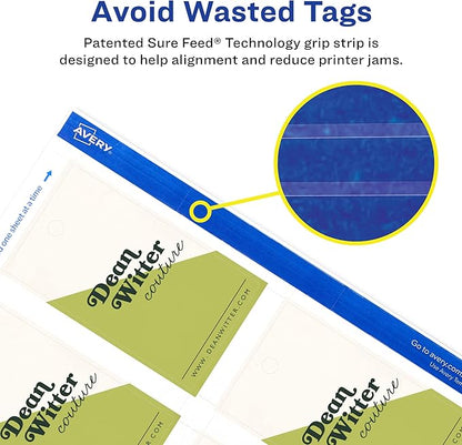 Avery Rectangle Tags, Sure Feed Technology, 2" x 3.5", Matte White, Strings Included, 80 Total, Print-to-The-Edge, Laser/Inkjet Printable (80514)