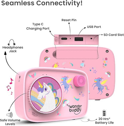 WonderBuddy Kids Story Box Audio Player, 500+ Preloaded Stories & Rhymes with Storybook DIY Art Kit, Voice Recorder, Content Upgrade, Bluetooth, Birthday Gift for Girls 3+ Years- Unicorn