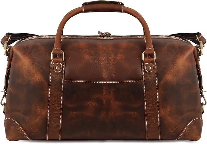 KomalC Leather Travel Duffle Bags for Men and Women Overnight Weekend Bag, Sports Gym Duffel (Dark Tan)