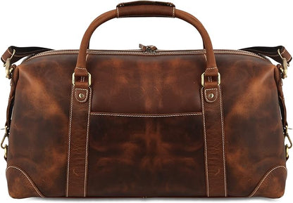 KomalC Leather Travel Duffle Bags for Men and Women Overnight Weekend Bag, Sports Gym Duffel (Dark Tan)