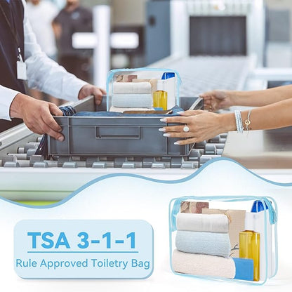 TISRATOK 12 PCS Clear Makeup Bag for Women with Zipper, TSA Approved Toiletry Pouch, Cosmetic Bag Bulk for Travel Organizer Essentials - Blue,Large