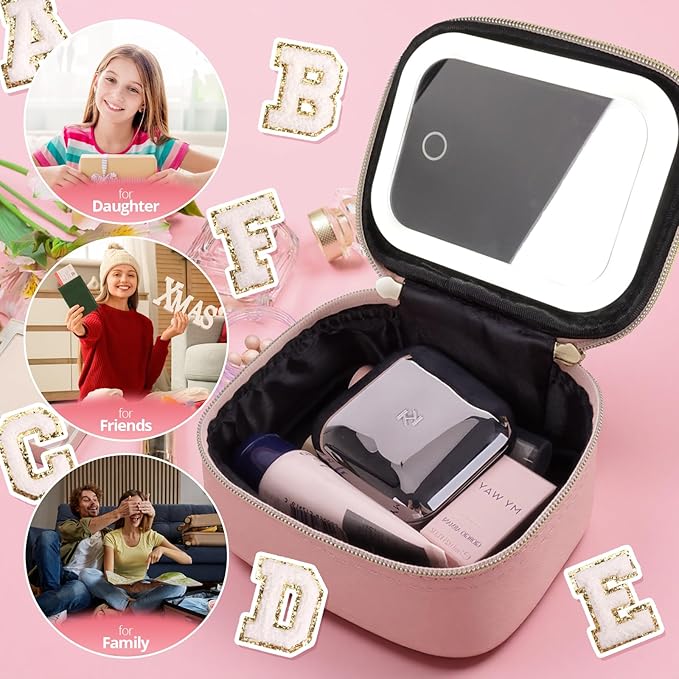 Mini Initial Makeup Bag With Led Mirror With Lights Gifts For Women Girls, Small Makeup Box For Travel Gift, Cosmetic Bag Make Up Organizer Personalized Bags Birthday Christmas Gifts For Womens (I)