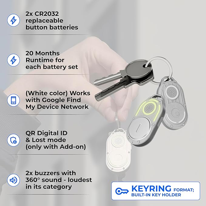 Rolling Square AirNotch Pro – Android Find Hub Only - Bluetooth Tracker Keychain (2 Pack), Replaceable Batteries, 360° Sound, Anti-Loss Locator, Waterproof, White