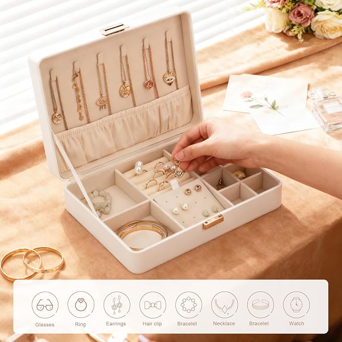 Secure Jewelry Organizer Box with Lock Compact Single Layer Storage for Travel & Home Holds Rings, Earrings, Pendants White