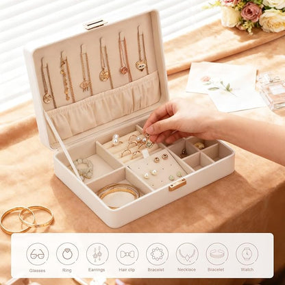 Secure Jewelry Organizer Box with Lock Compact Single Layer Storage for Travel & Home Holds Rings, Earrings, Pendants White