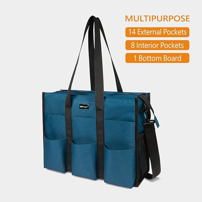 TOPDesign Utility Water Resistant Tote Bag with 22 Pockets, Top Zipper Closure & Thick Bottom Support, for Working Women