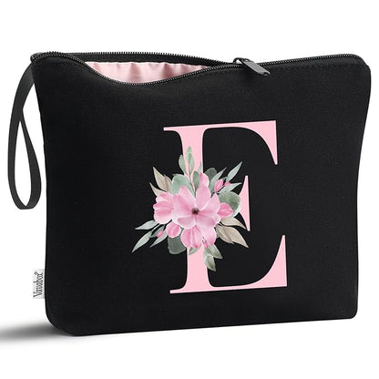 Vavabox A-Z Personalized Makeup Bag, Birthday Gifts for Women Mom, Gifts for Best Friend, Bride Bridesmaid Cosmetic bag (E, Black)