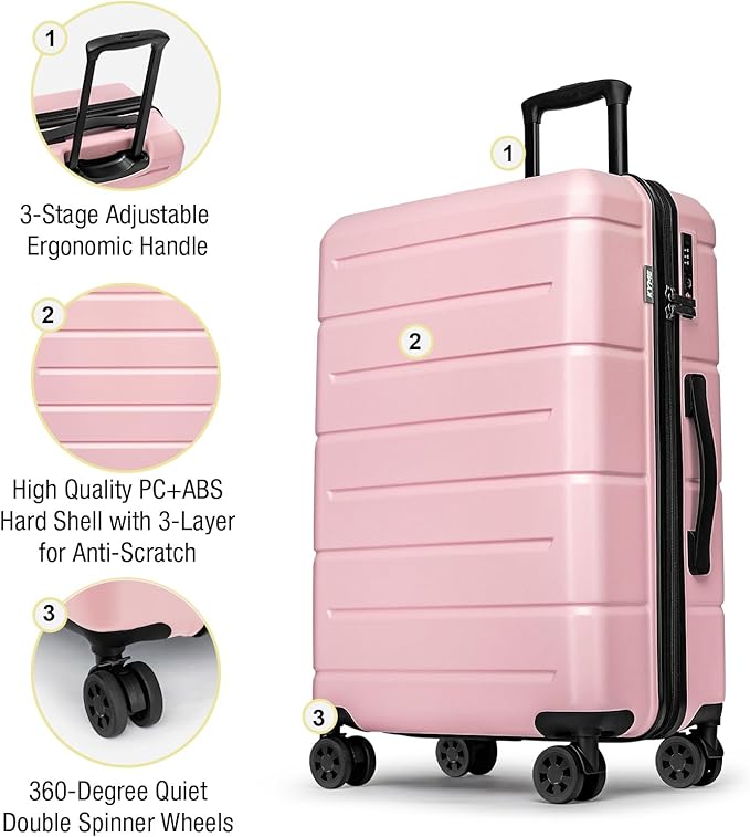 KYME 28 Inch Luggage TSA Approved Hardshell Large Suitcases with Wheels Durable Big Checked Luggage Travel Rolling Suitcase for Women Men Pink
