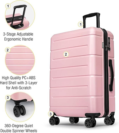 KYME 28 Inch Luggage TSA Approved Hardshell Large Suitcases with Wheels Durable Big Checked Luggage Travel Rolling Suitcase for Women Men Pink