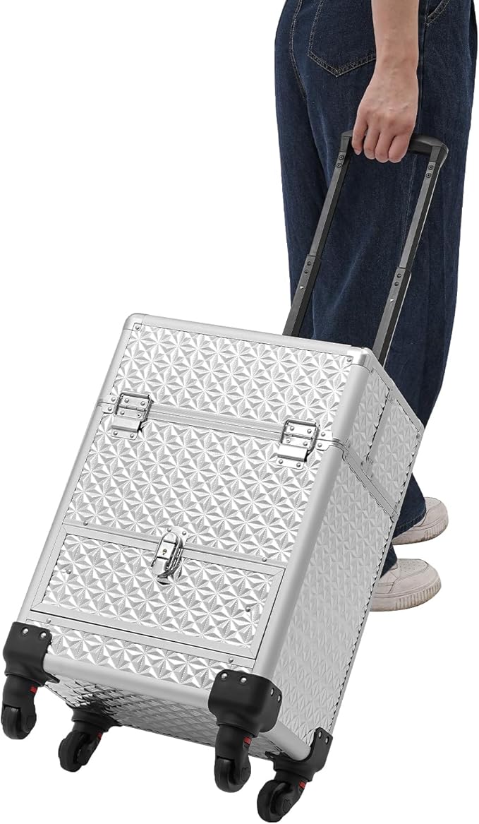 Rolling Makeup Train Case,Multi-functional Cosmetic Trolley with 360° Swivel Wheels Keys,Salon Barber Case Traveling Cart for Nail Technicians Hairstylist (Sliver)