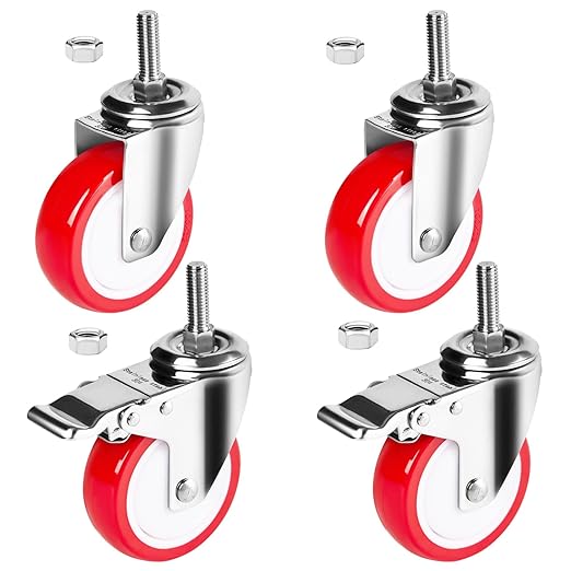 4 inch Stainless Steel Caster Wheels Heavy Duty, 3/8"-16x1 Threaded Stem Casters with Brake, Rust Resistant, Non-Marking Polyurethane PU Wheels for Hospital, Lab, Furniture, Restaurant