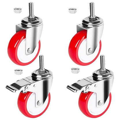 4 inch Stainless Steel Caster Wheels Heavy Duty, 1/2"-13x1-1/2 Threaded Stem Casters with Brake, Rust Resistant, Polyurethane PU Wheels for Hospital, Lab, Furniture, Restaurant