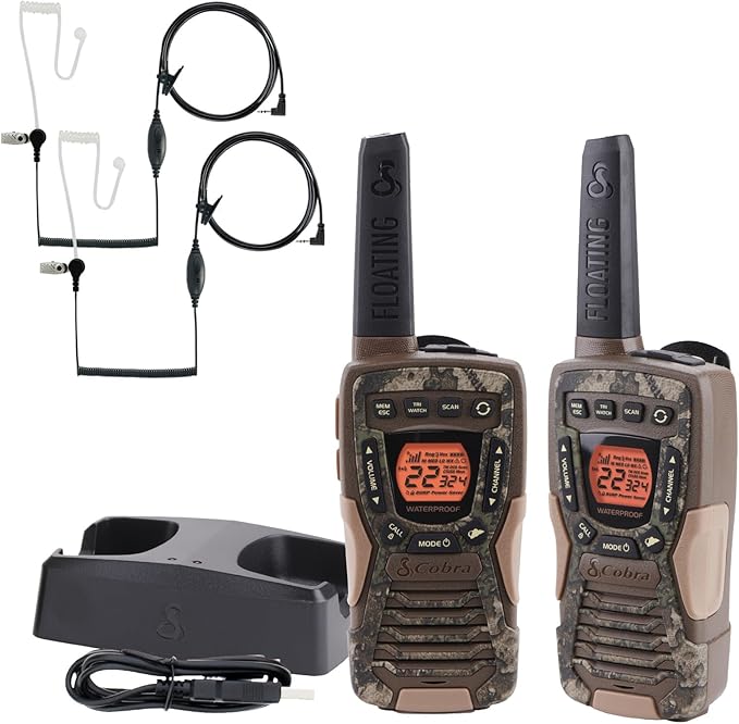 Cobra ACXT1035R FLT TTC Floating and Waterproof Walkie Talkies for Adults with Compatible Cobra Surveillance Headset: Rechargeable, 22 Channels, Long-Range, 2 Two-Way Radios, 2 Headsets