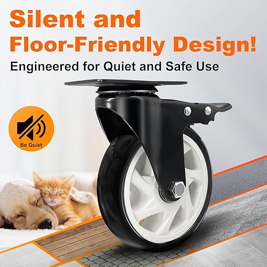 5 Inch Heavy Duty Caster Set of 4, Swivel Plate Castor Wheels with Dual Locking Brakes, Silent Polyurethane (PU) Wheels, 360 Rotation, 2800lbs Load Capacity-Black
