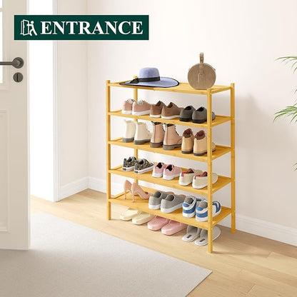 Smiry Bamboo Shoe Rack, 5 Tier Shoe Organizer for Entryway & Closet, Stackable Free Standing Storage Shelf for Shoes, Bags & Plants, Natural