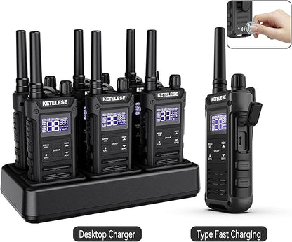 KETELESE T3G Heavy Duty Walkie Talkies Type-C Rechargeable, IP67 Waterproof 2 Way Radios with Earpiece, Adapter, Dock, PTT Group, NOAA, VOX, 6 Pack Walkie Talkie for Adult Black/Grey