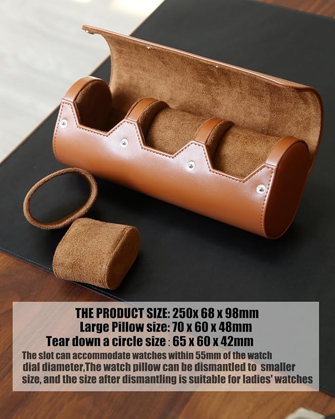watch box organizer for mens watch case travel roll Portable 3 Watch Display Storage with Velvet Sections to Holder Large Watch (Light Brown)