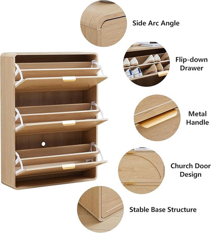 Hidden Shoe Cabinet with Drawer, Free Standing Narrow Shoe Rack Cabinet for Entryway Slim, 3 Flip Drawer Shoe Storage Organizer Cabinet for Entry,Hallway,Door,Dorm,Small Spaces - Natural