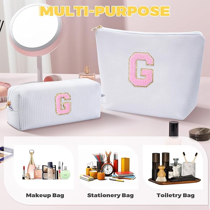 Personalized Makeup Bag for Women Girls - Fashion Cosmetic Bag Trendy Travel Toiletry Bag with Initials Letter - Teen Gifts - White,G