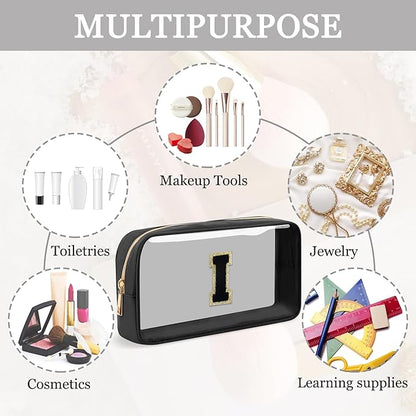 Small Clear Personalized Initial Makeup Bag,Nylon Preppy A-Z Chenille Letter Patch Cosmetic Pouch Beach Toiletry Bag,Waterproof Zipper Travel Purse Storage Bag Organizer for Women Girls(Black-Black I)