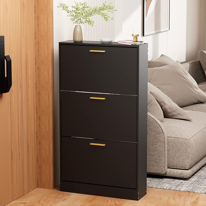 JOZZBY Shoe Cabinet Storage with 3 Flip Drawers for Entryway, Black Slim Freestanding Modern Narrow Shoe Organizer Rack Cabinet for Hallway, Living Room