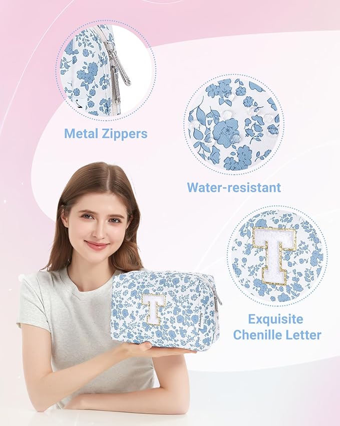 Narwey Birthday Gifts for Teen Girls Kids Women Personalized Initial Floral Makeup Bag Cute Cosmetic Trendy Stuff 6 8 10 11 12 13 14 16 18 Years Old Travel Toiletry Bag (Little Blue Flower T)
