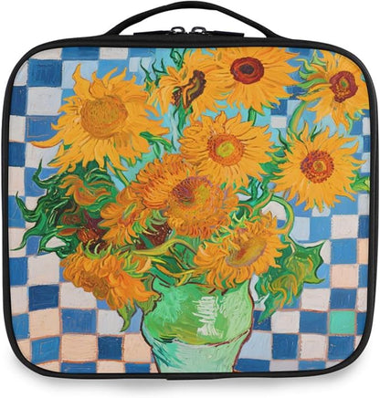 MNSRUU Travel Makeup Bag, Sunflower Blue and White Plaid Women Makeup Case Organizer Cosmetic Toiletry Bag for Teenage Girl with Adjustable Dividers