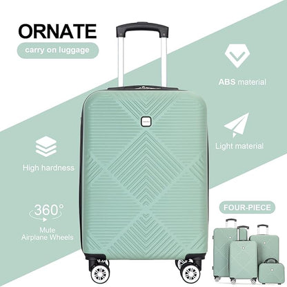 Luggage 4 Piece Set, Hardshell ABS Suitcase Set with Double Spinner Wheels, Lightweight Suitcase, Carry On and Checked Travel Luggage, Olive Green