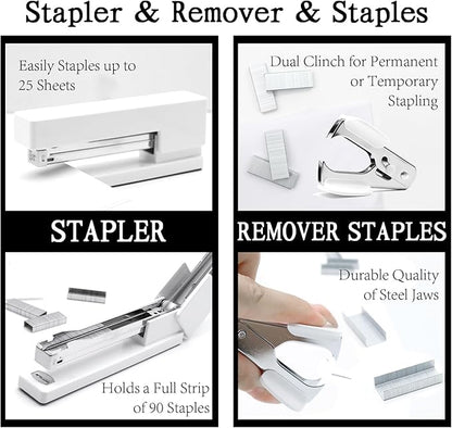 White Office Supplies, UPIHO White Desk Accessories, Stapler and Tape Dispenser Set for Women with Stapler,Tape Dispenser, Staple Remover, Staples,Scissor and Tabs for Students Office Clerks