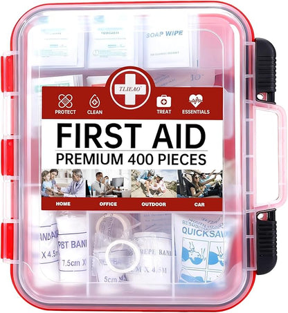 400 Pieces All-Purpose First Aid Kit - Organized Dual-Layer Wall - Professional Medical Kit for Home, Car, Camping, Travel, Office, Outdoor, Business & Sports