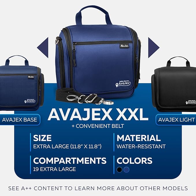 Extra Large (11.8”x11.8”x4”) Hanging Travel Toiletry Bag for Men and Women - Cosmetic Travel Bag With Shoulder Strap - Waterproof Hygiene Bag with Metal Swivel Hook and 19 Compartments for Toiletries