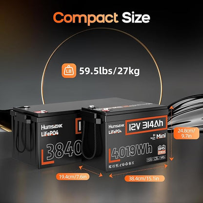 HumsiENK 12V 314Ah (300Ah) LiFePO4 Lithium Battery Bluetooth MINI, 2PACK Built-in 200A BMS, Max. 4190Wh Energy, EV A+ Cells 15000 Deep Cycles Batterys for RV, Marine, Solar