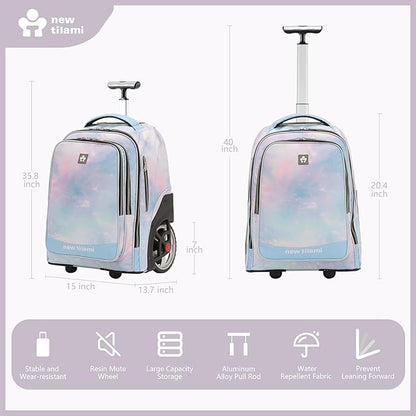 NEW TILAMI 20" Rolling Backpack for Teens Adults, Climbing Stairs Waterproof Backpack with Wheels for School Business Trave Camping with Laptop Compartment, Fit 17 Inch Laptop, Pink Blue