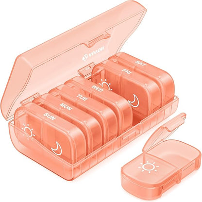 AUVON XL Weekly Pill Organizer 2 Times a Day, Pill Box 7 Day with One-Side Large Openings for Easy to Use, Watermelon Red AM PM Pill Case for Medication, Vitamins, Fish Oils, Supplements