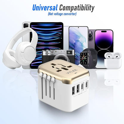 Universal International Power Travel Plug Adapter, 5 in 1 European Travel Plug Adapter W/ 3.5A 2xUSB-A and 2xUSB C Wall Charger and Worldwide AC Outlet for Europe USA UK AUS Asia (White Gold)
