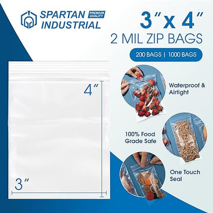 Spartan Industrial - 3” X 4” (1000 Count) 2 Mil Clear Reclosable Zip Plastic Poly Bags with Resealable Lock Seal Zipper