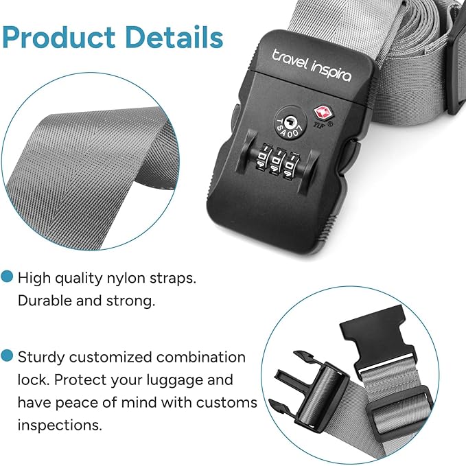 Travel Inspira Travel Belt for Luggage, TSA Approved Luggage Straps, 3-Dial Combination Locks Adjustable Suitcase Belt, Quick-Release Buckle (Grey)